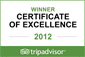 Tripadvisor - Winner Certificate of Excellence 2012